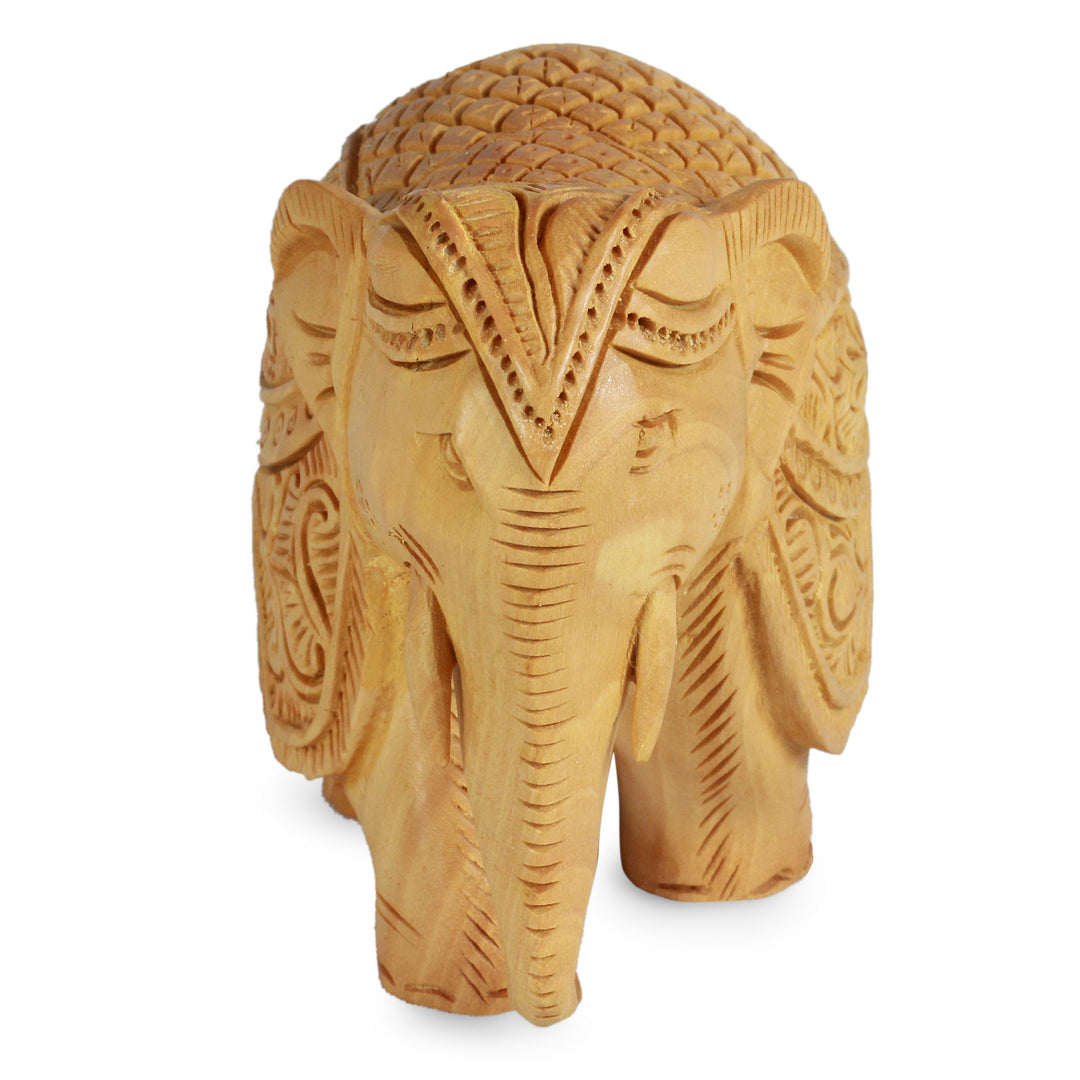 Wood Elephant Sculpture Hand Carved in India (4 Inch) - Majestic Elephant