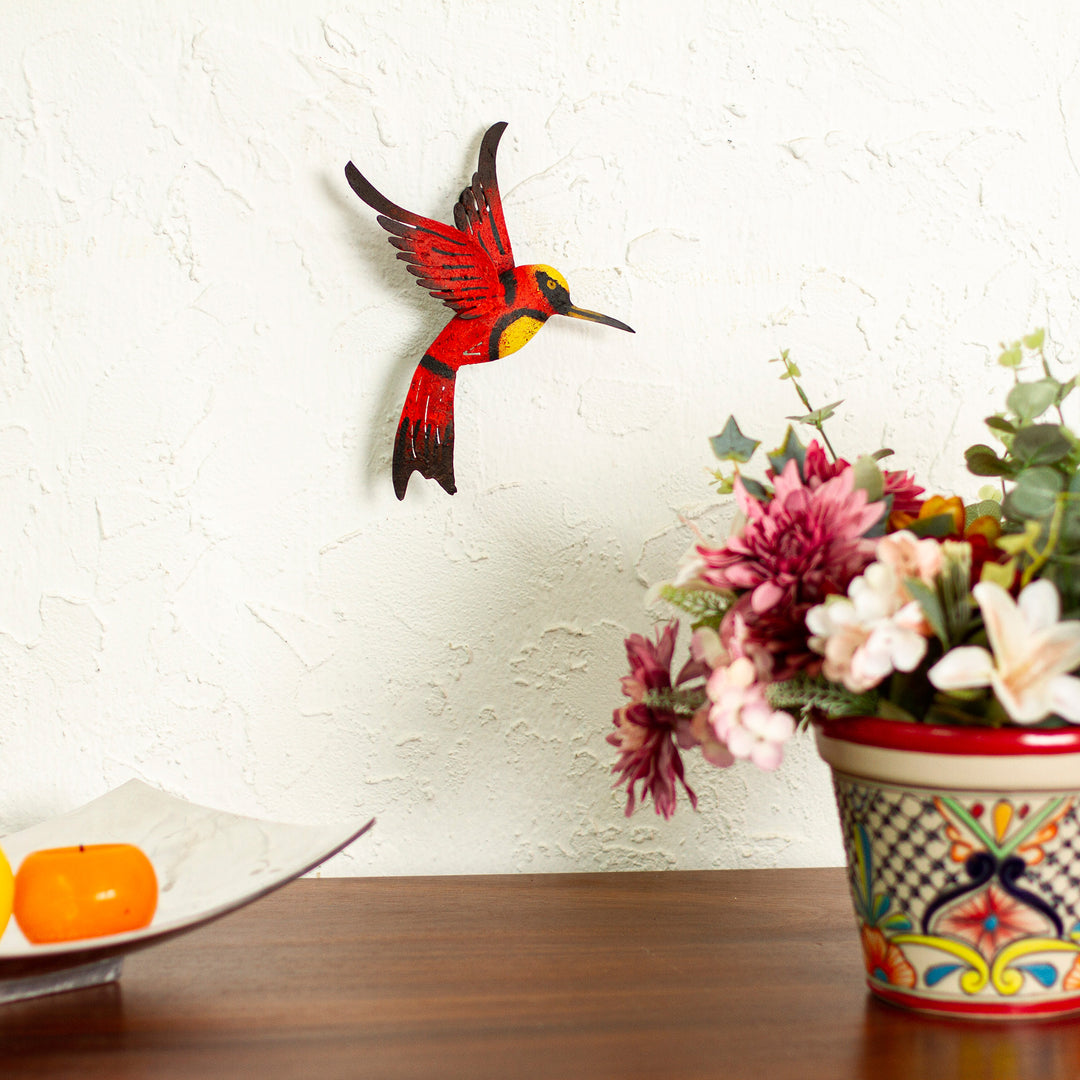 Unique Red Bird Wall Art Steel Sculpture from Mexico - Little Ruby Hummingbird