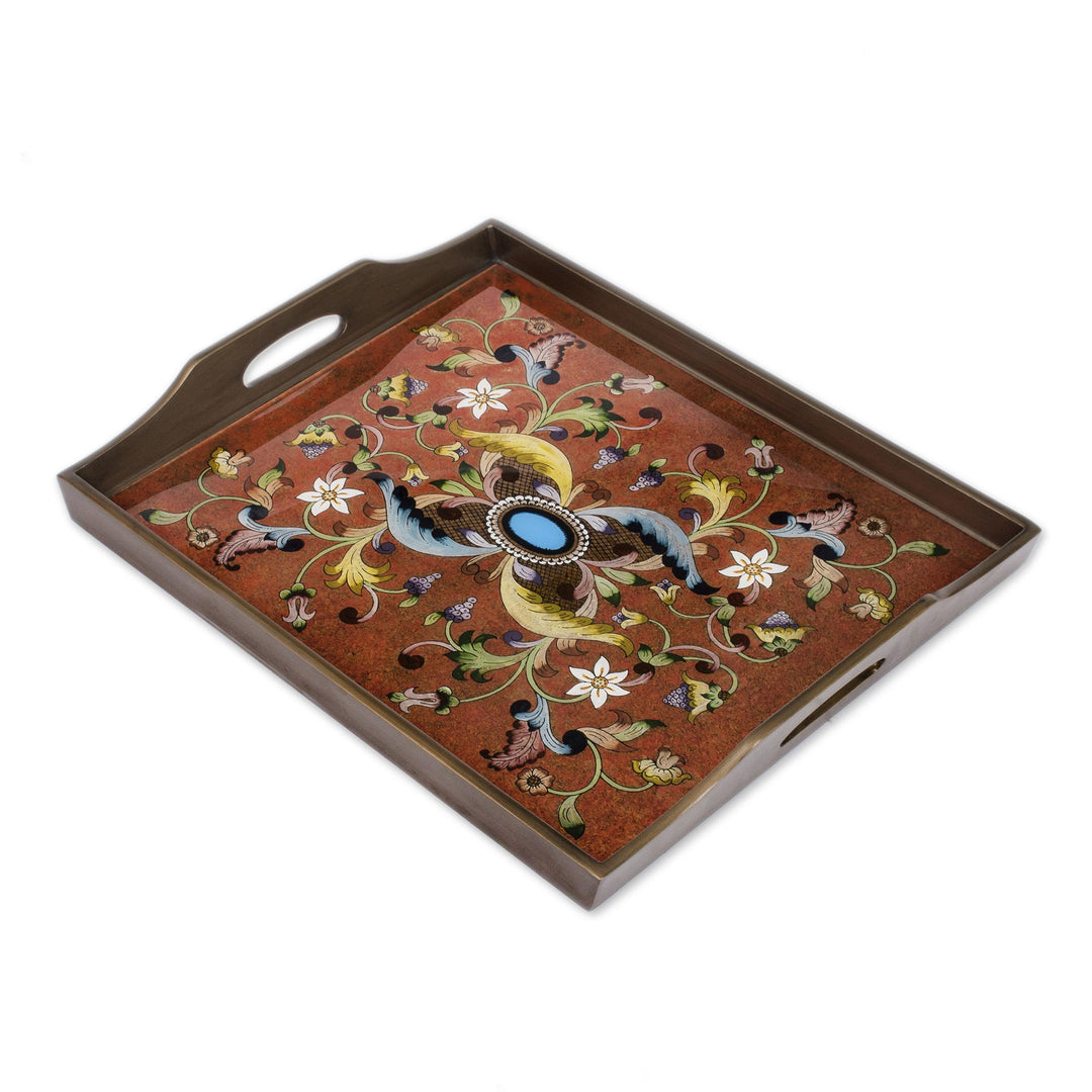 Handmade Reverse Painted Glass Wood Glass Folding Table - Scarlet Delight