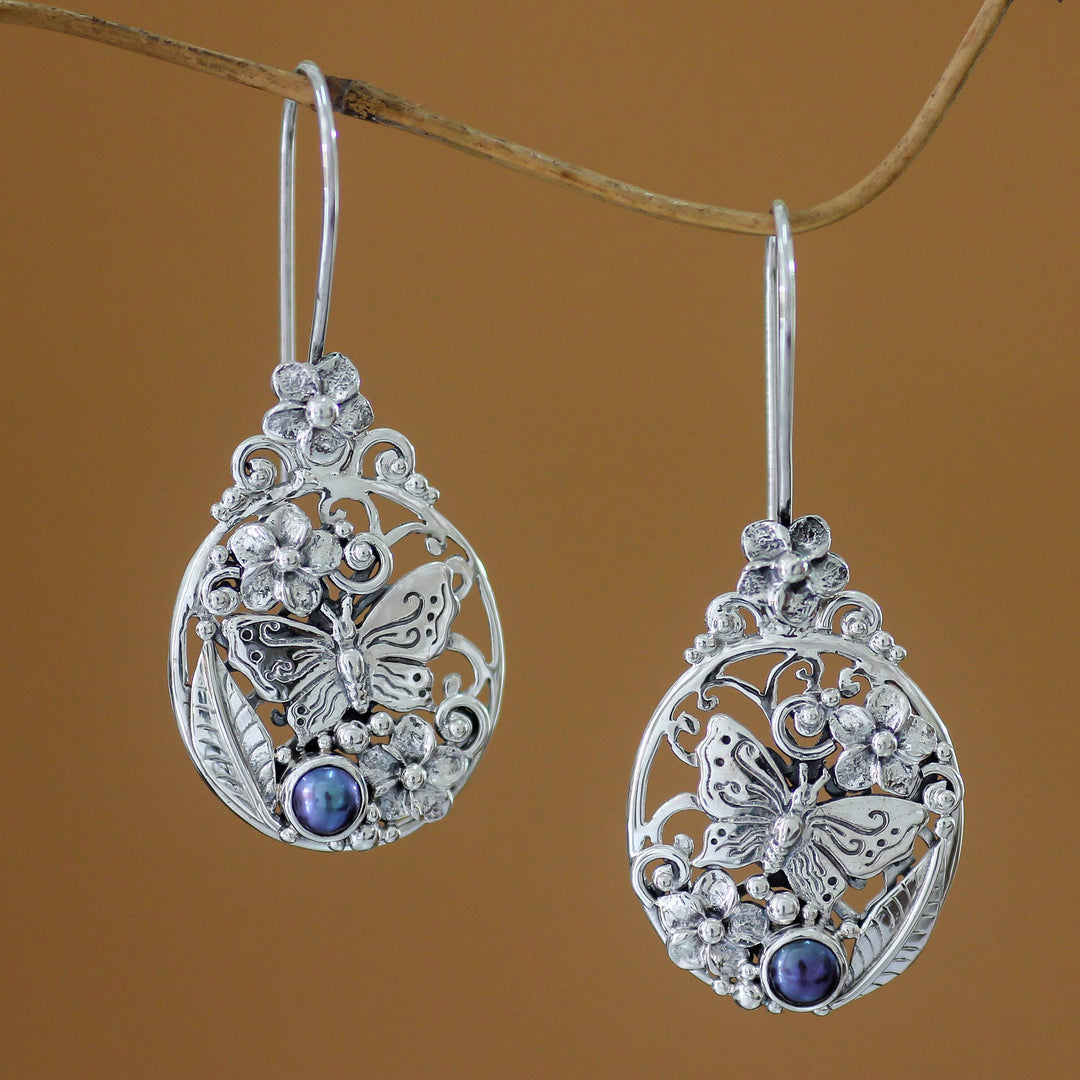 Unique Sterling Silver and Pearl Drop Earrings - Frangipani Butterfly