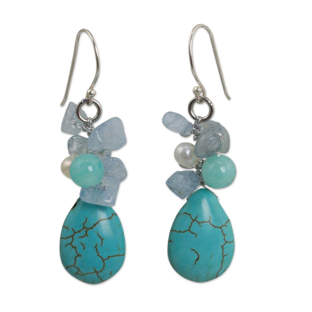 Handmade Pearl Aquamarine Blue Calcite Earrings Thailand - Cool Beauty