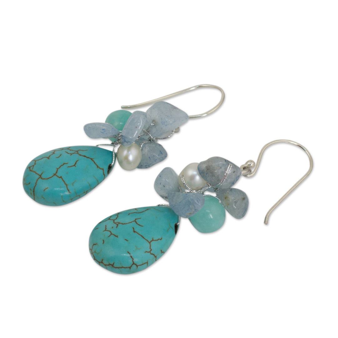 Handmade Pearl Aquamarine Blue Calcite Earrings Thailand - Cool Beauty