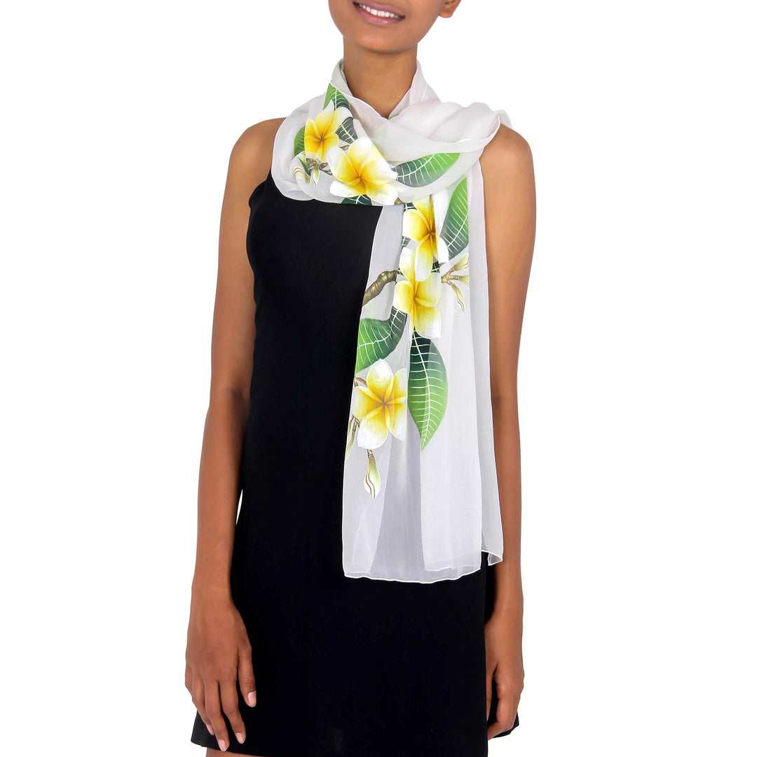 Handpainted Floral Sheer Silk Shawl - Yellow Frangipani