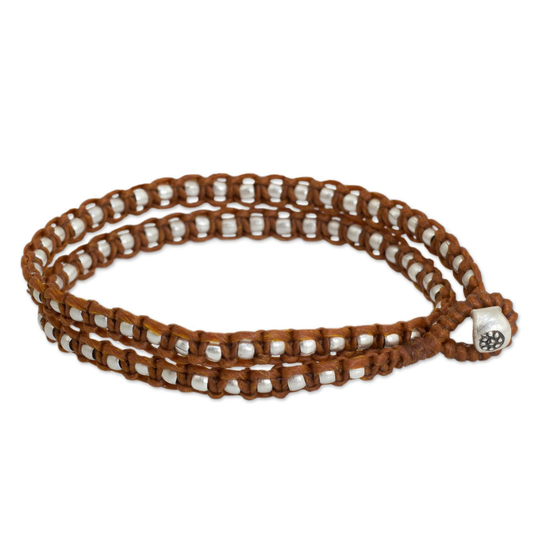 Silver Accents Wrap Bracelet Thai Hill Tribe Jewelry - Floral Moon in Brown