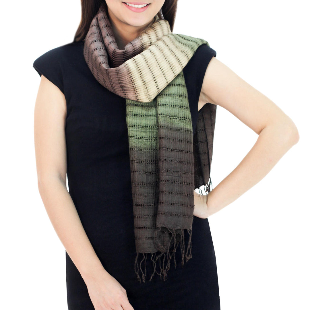 Fair Trade Green and Brown Tie Dye Bark Silk Scarf - Forest Evolution