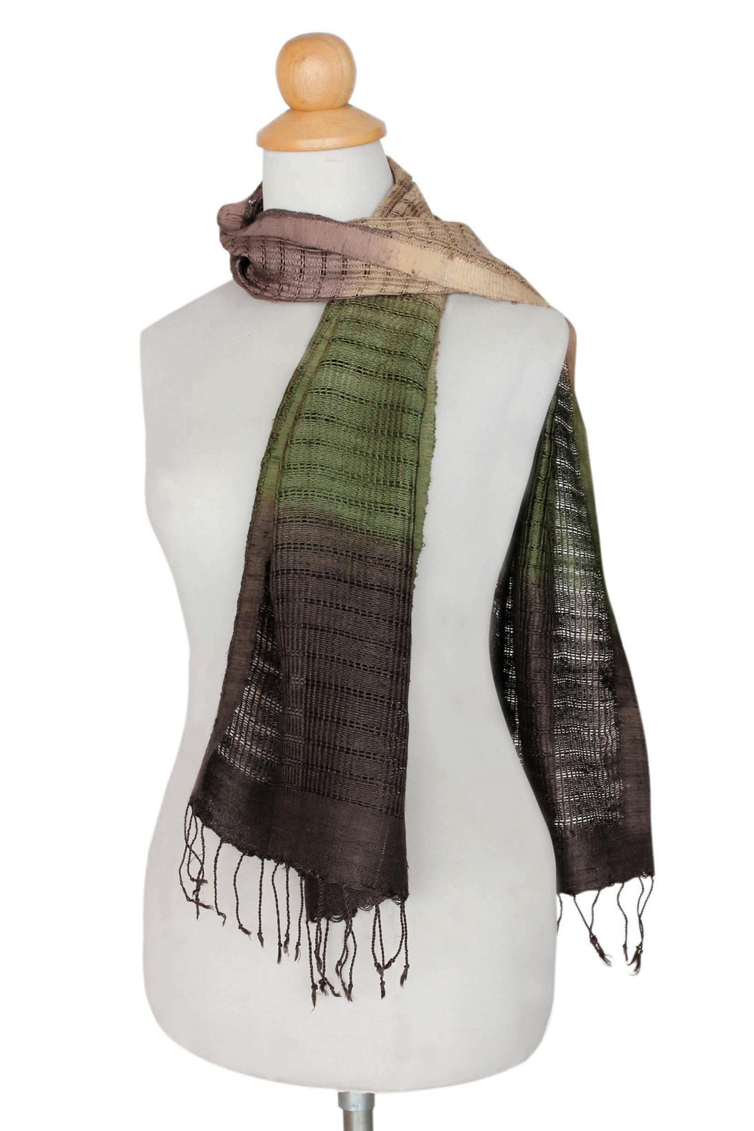 Fair Trade Green and Brown Tie Dye Bark Silk Scarf - Forest Evolution