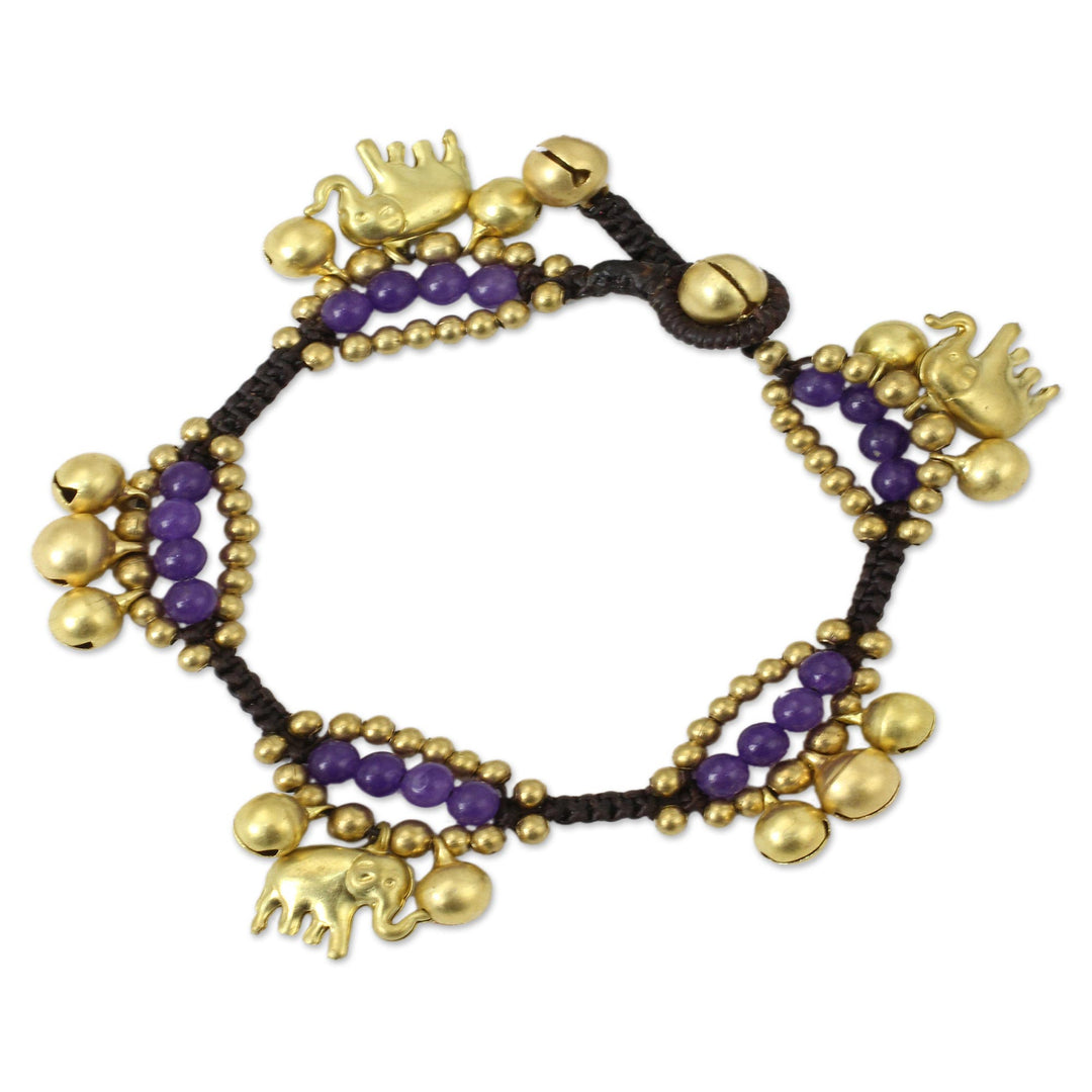 Elephant and Bell Charm Bracelet in Purple Quartz and Brass - Fortune's Melody