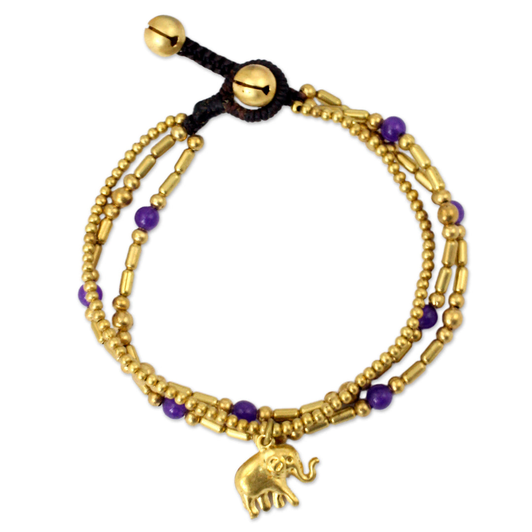 Brass Bracelet Purple-color Gems Beaded Jewelry - Purple Elephant Charm