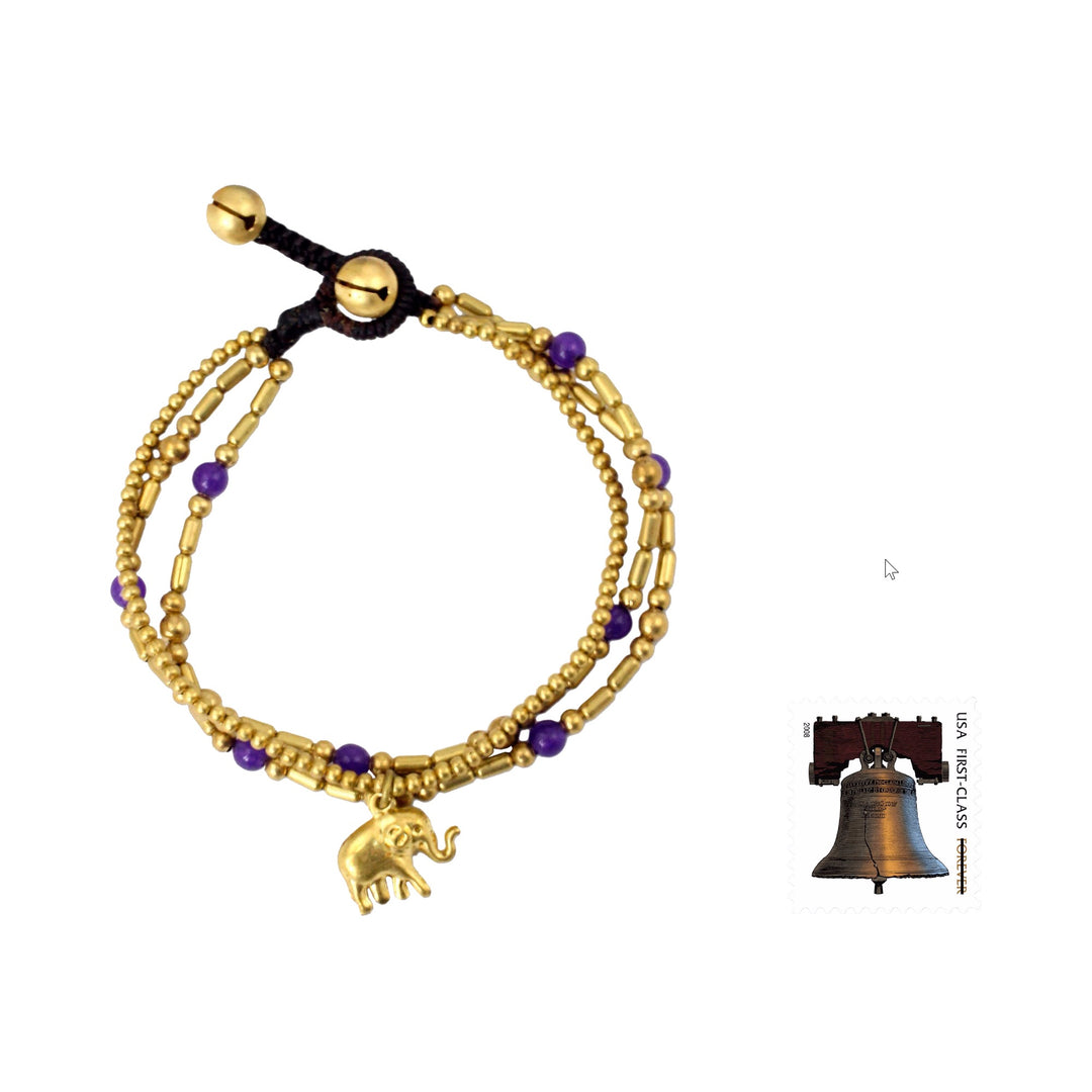 Brass Bracelet Purple-color Gems Beaded Jewelry - Purple Elephant Charm