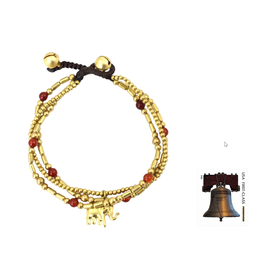 Brass Bracelet Carnelian Gems Beaded Jewelry - Thai Elephant Charm