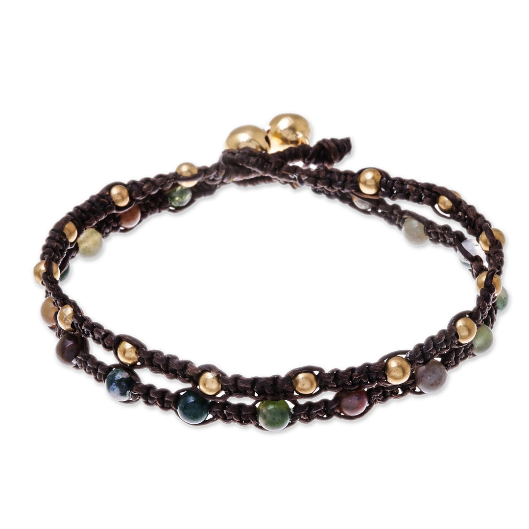 Brass Bracelet Green Brown Gems Braided Jewelry - Green Boho Chic