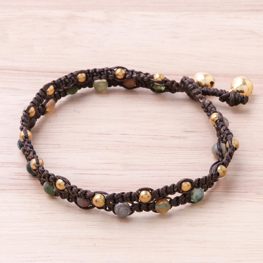 Brass Bracelet Green Brown Gems Braided Jewelry - Green Boho Chic