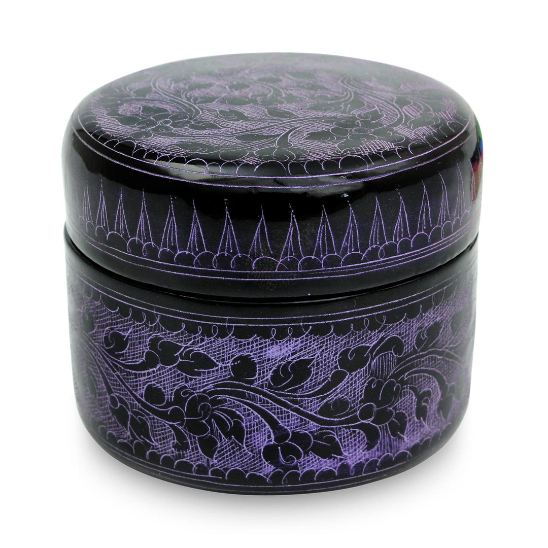 Handcrafted Lacquered Wood Round Decorative Box - Exotic Purple Flora