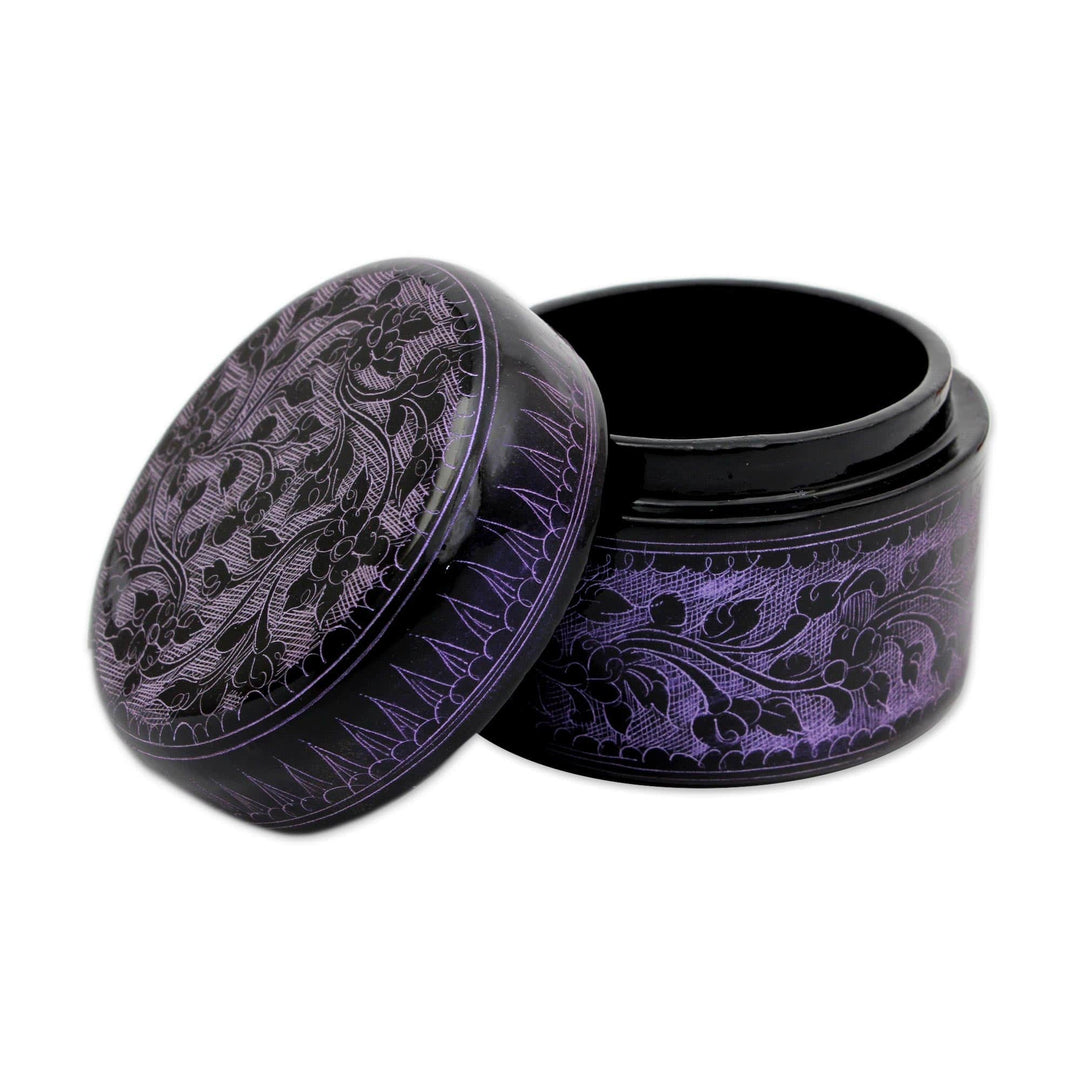 Handcrafted Lacquered Wood Round Decorative Box - Exotic Purple Flora