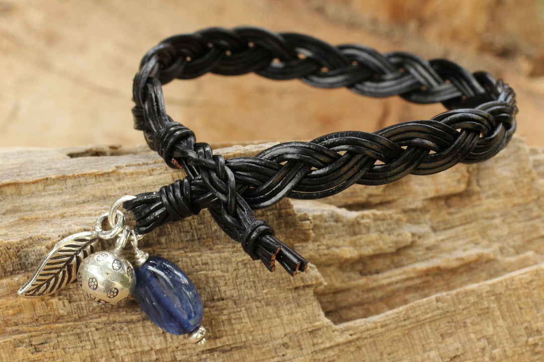 Braided Leather and Kyanite Bracelet with Hill Tribe Silver - Joyous Nature