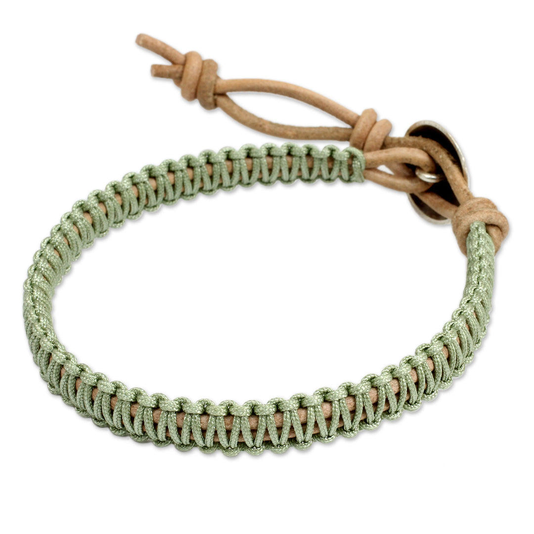 Silver Button and Pale Green Macrame on Leather Bracelet - Hemlock Suns