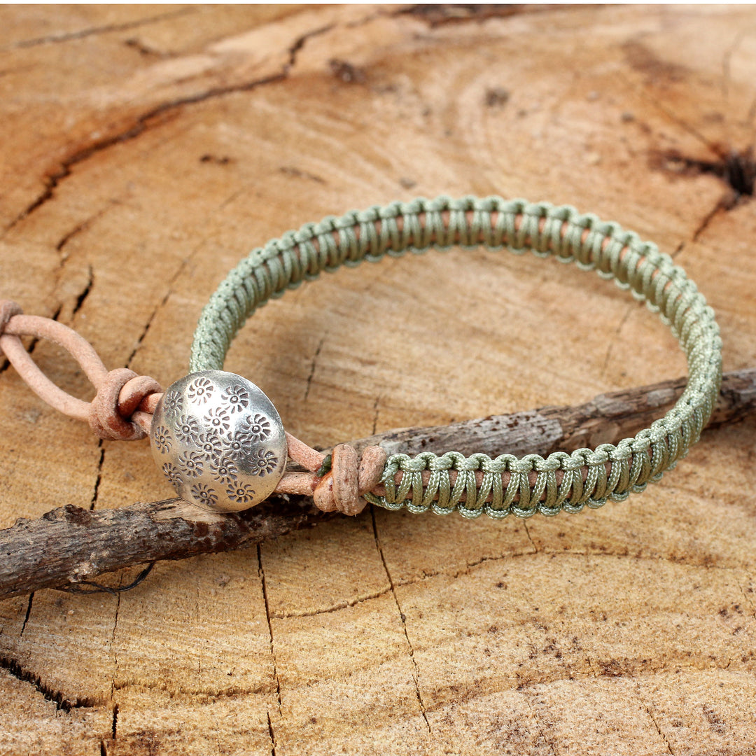 Silver Button and Pale Green Macrame on Leather Bracelet - Hemlock Suns