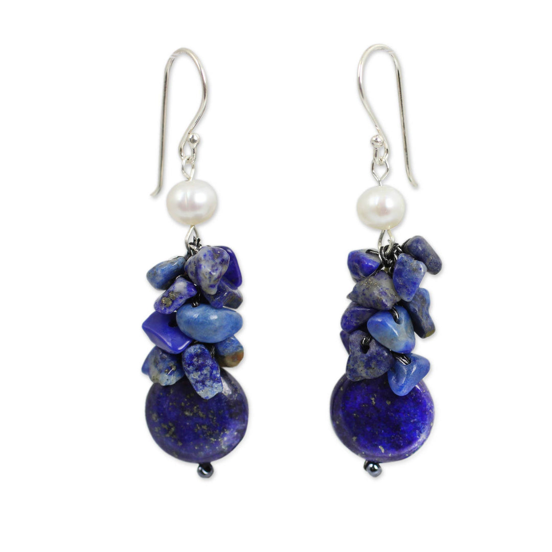 Hand Knotted Pearl and Lapis Lazuli Thai Earrings - Exquisite Elegance