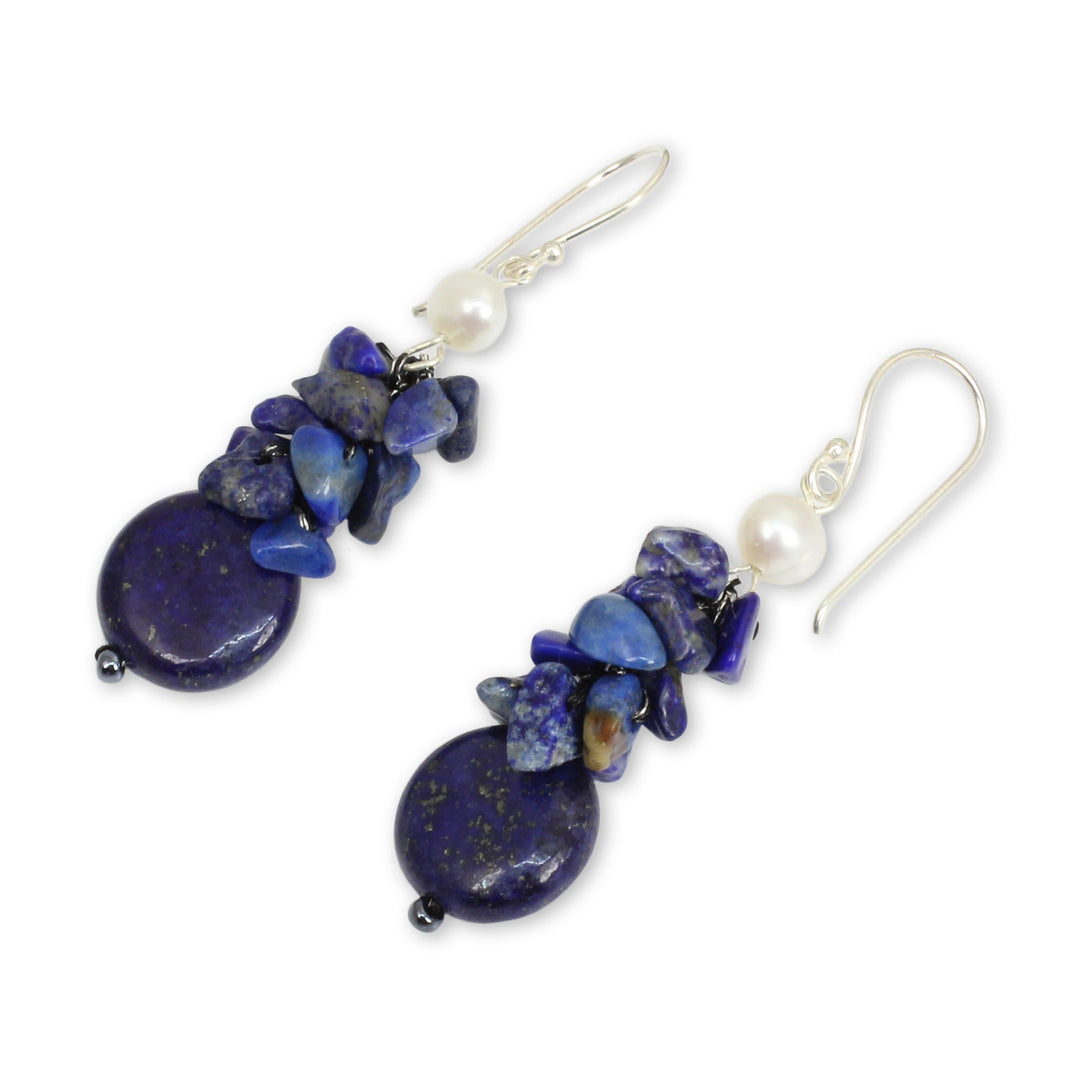 Hand Knotted Pearl and Lapis Lazuli Thai Earrings - Exquisite Elegance