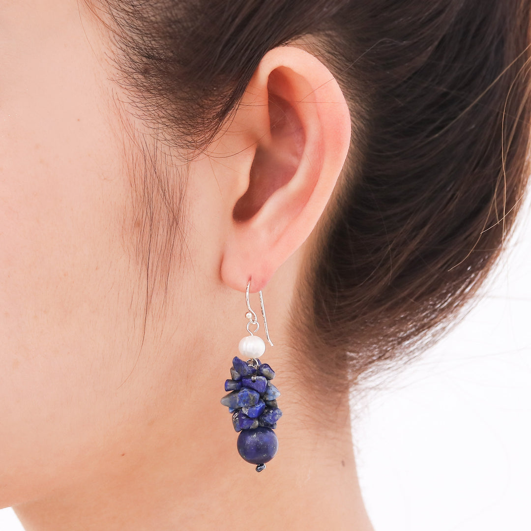 Hand Knotted Pearl and Lapis Lazuli Thai Earrings - Exquisite Elegance