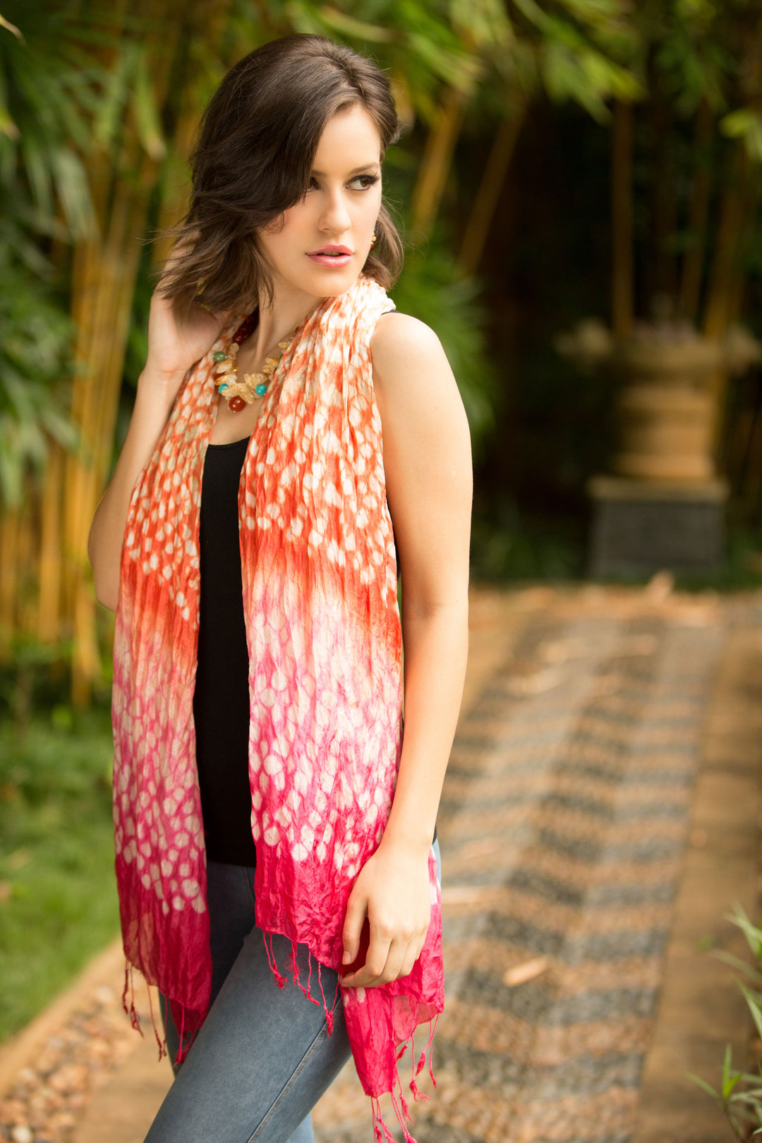 Orange and Pink Tie Dye Silk Blend Scarf - Fabulous Peach