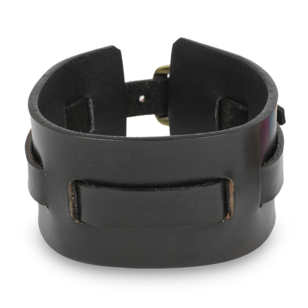 Men's Artisan Crafted Leather Wristband Bracelet - Wider Lanna Warrior in Black