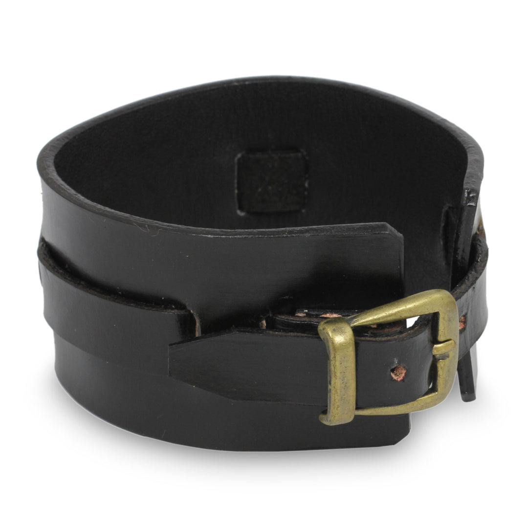 Men's Artisan Crafted Leather Wristband Bracelet - Wider Lanna Warrior in Black
