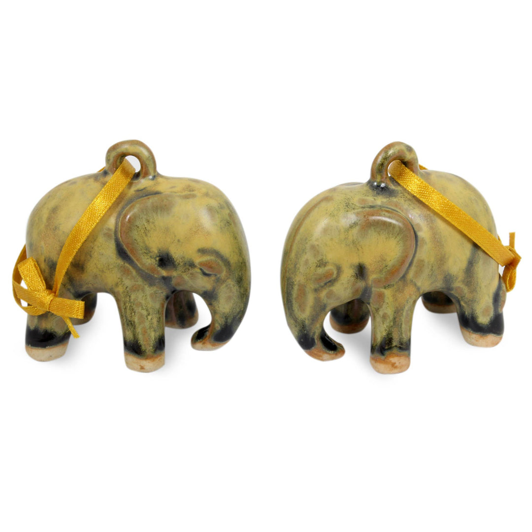 Mottled Yellow Celadon Ceramic Ornaments (Pair) - Yellow Elephant