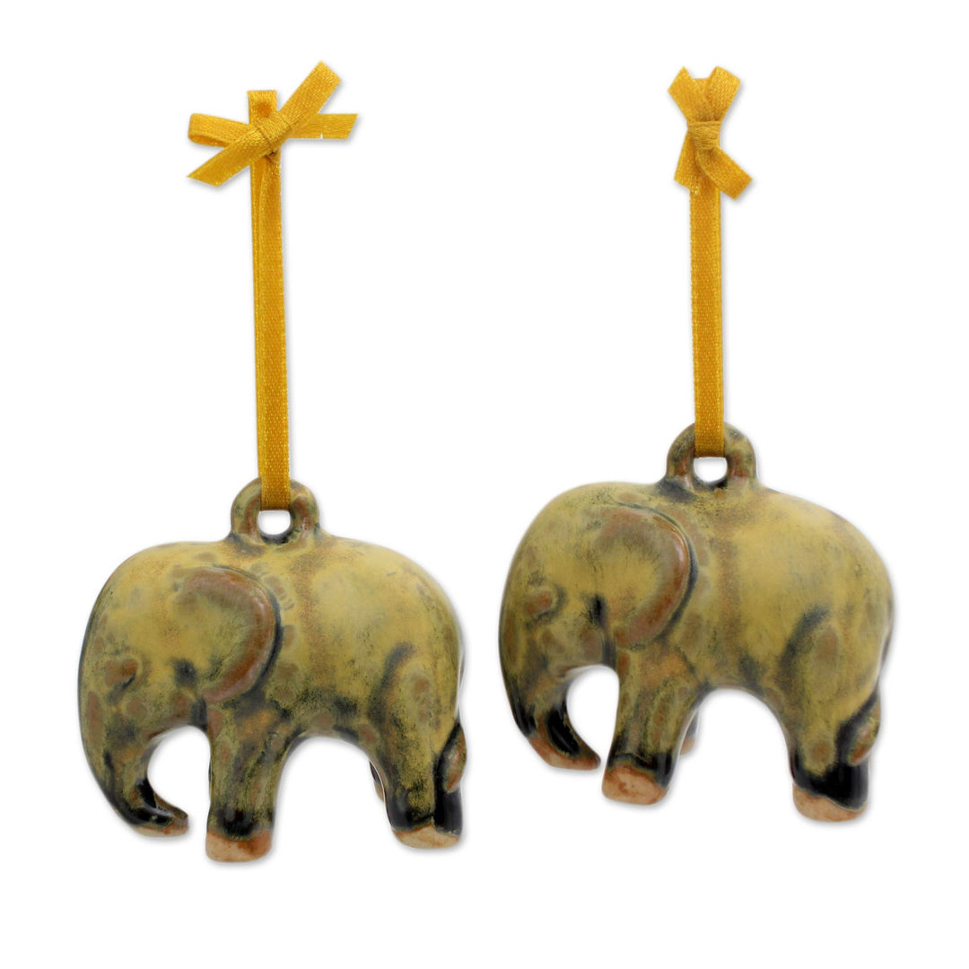 Mottled Yellow Celadon Ceramic Ornaments (Pair) - Yellow Elephant