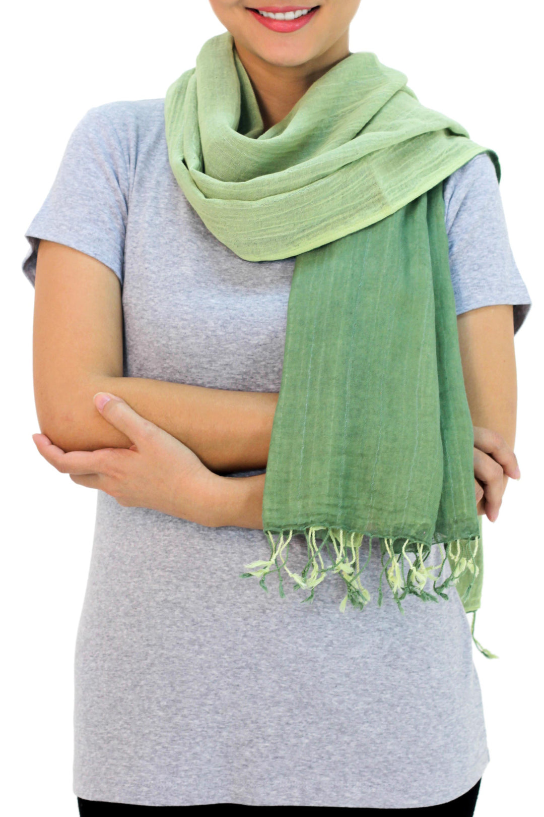2-in-1 Hand-woven Cotton Reversible Scarf - Jade Green Duet