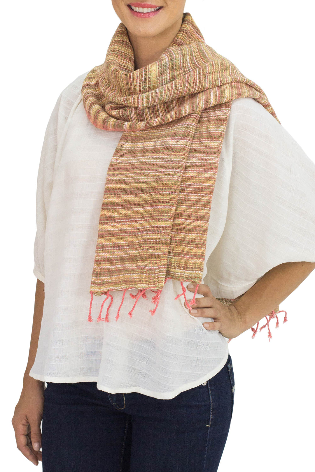 Pink and Brown Hand-woven Cotton Scarf - Rosewood Breeze