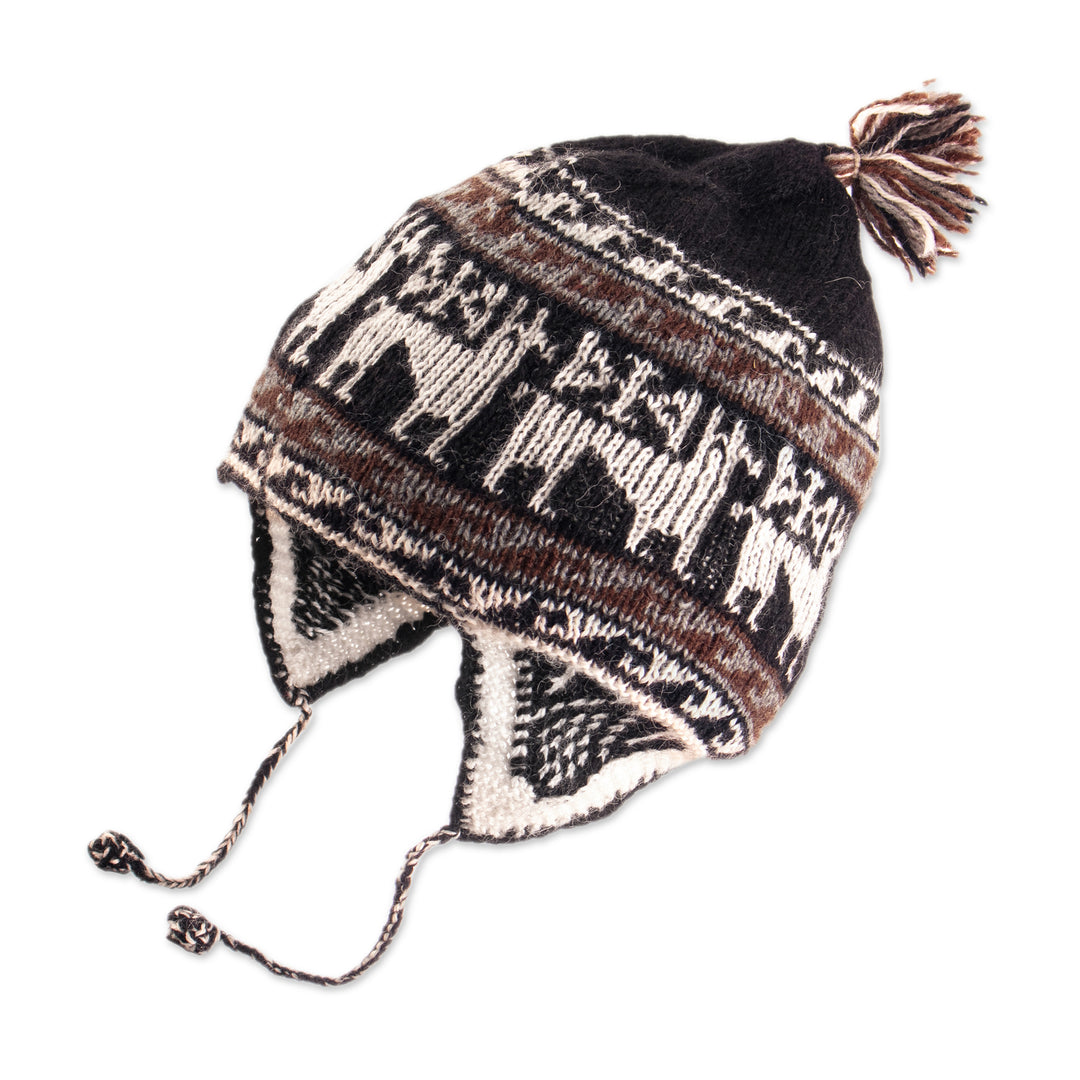 Black and White Alpaca Blend Chullo Hat - Llama Silhouette