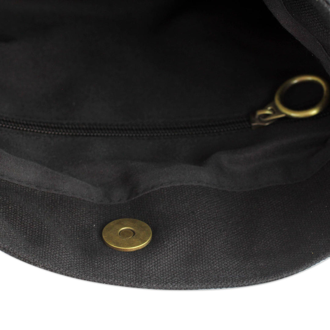 Floral Embroidery on Black Cotton Blend Shoulder Bag - Tropical Paradise