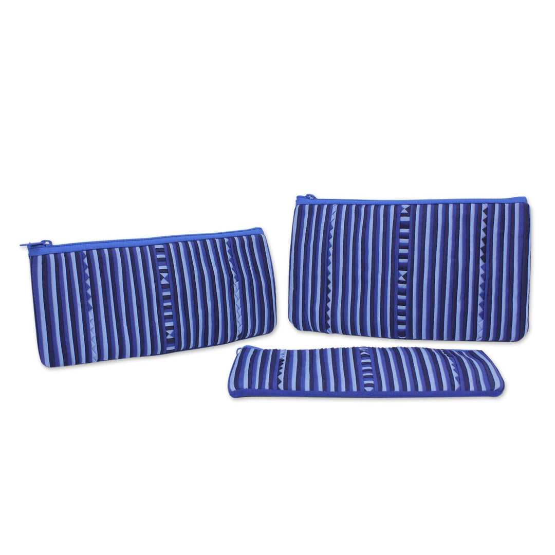 Thai Blue and White Cotton Blend Travel Cases (Set of 3) - Blue Lisu Chic