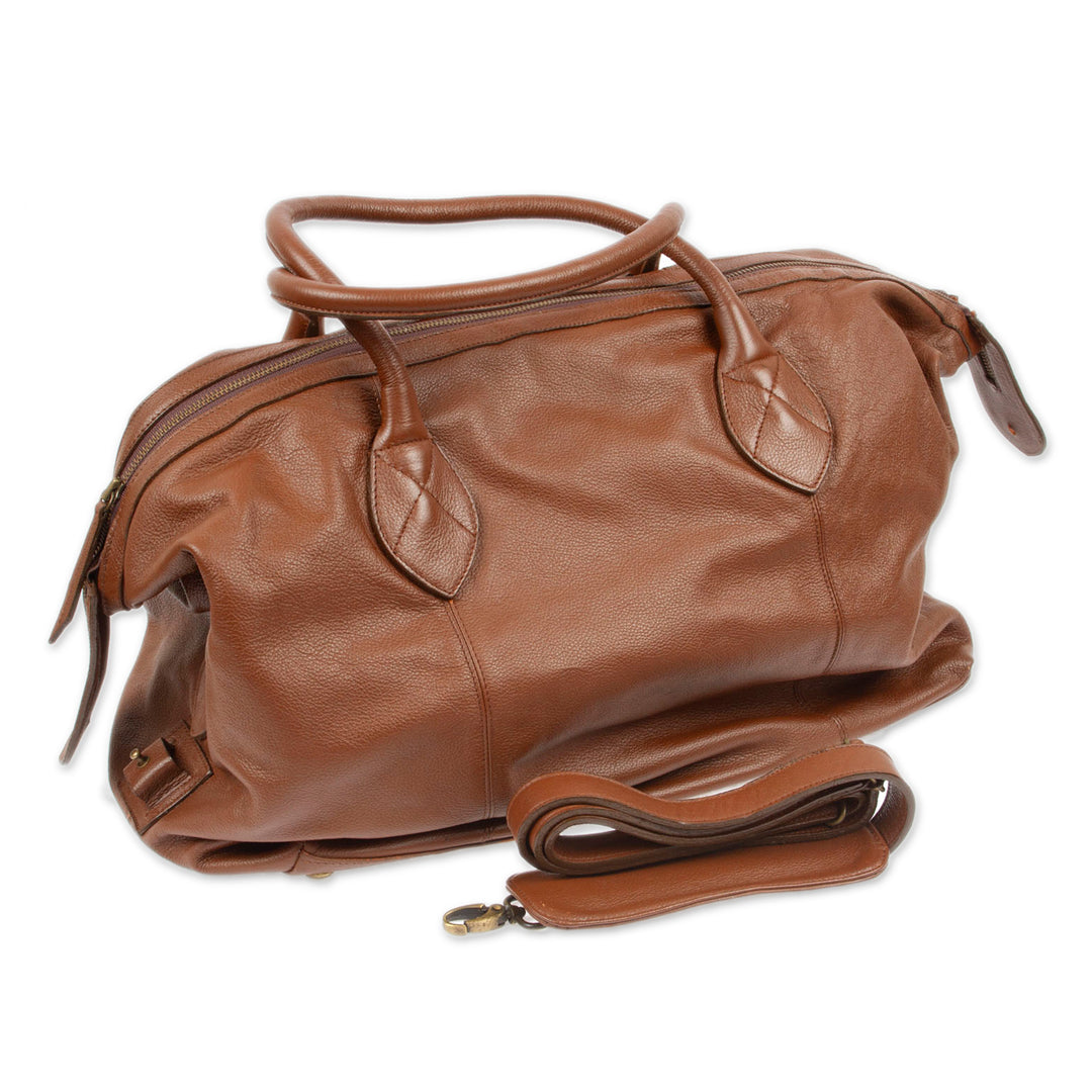 Mexican Brown Leather Travel Bag Lined with Inner Pocket - Let's Go in Brown