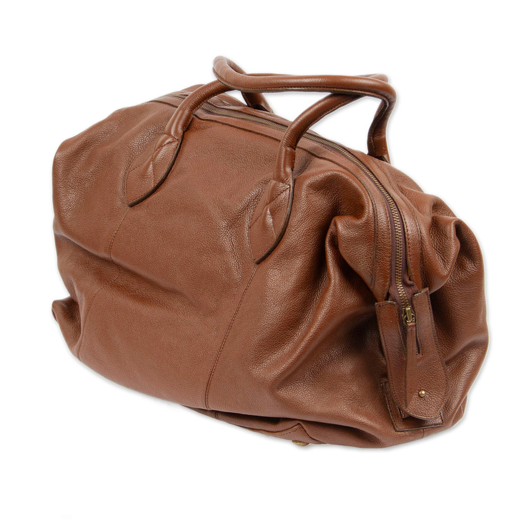 Mexican Brown Leather Travel Bag Lined with Inner Pocket - Let's Go in Brown