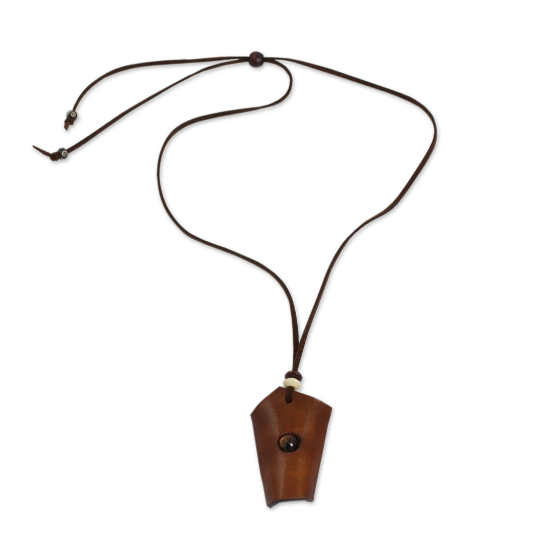 Handmade Leather Necklace with Tiger's Eye and Wood Beads - Amulet