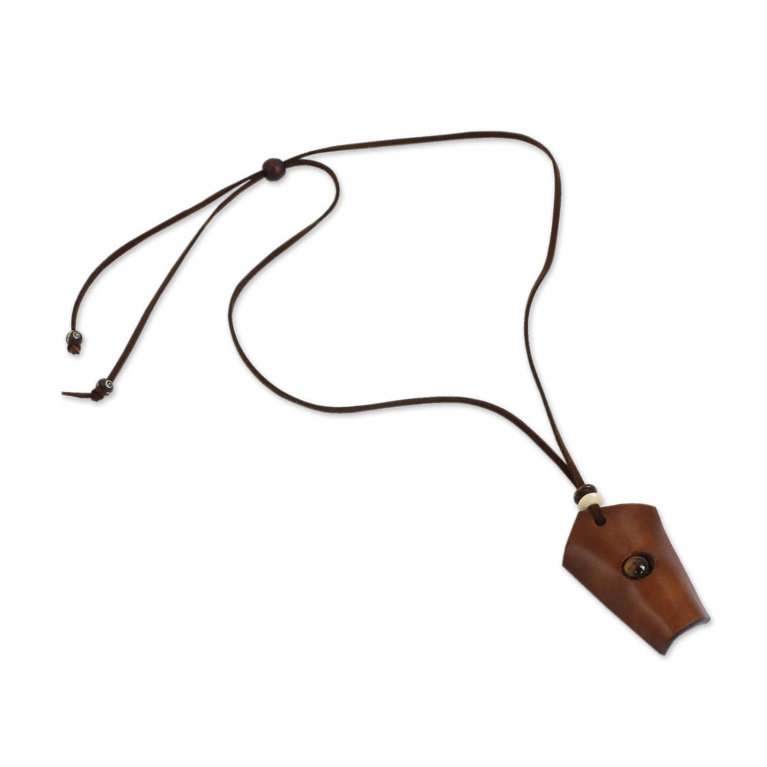 Handmade Leather Necklace with Tiger's Eye and Wood Beads - Amulet