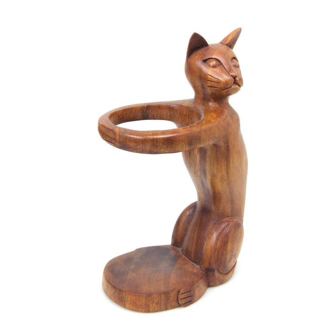 Hand Carved Wooden Cat Wine Bottle Holder - Wine-Loving Cat