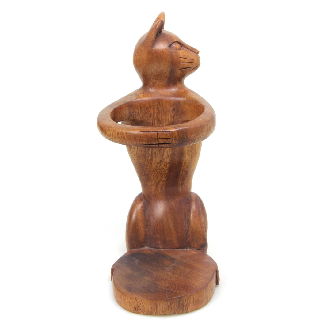 Hand Carved Wooden Cat Wine Bottle Holder - Wine-Loving Cat