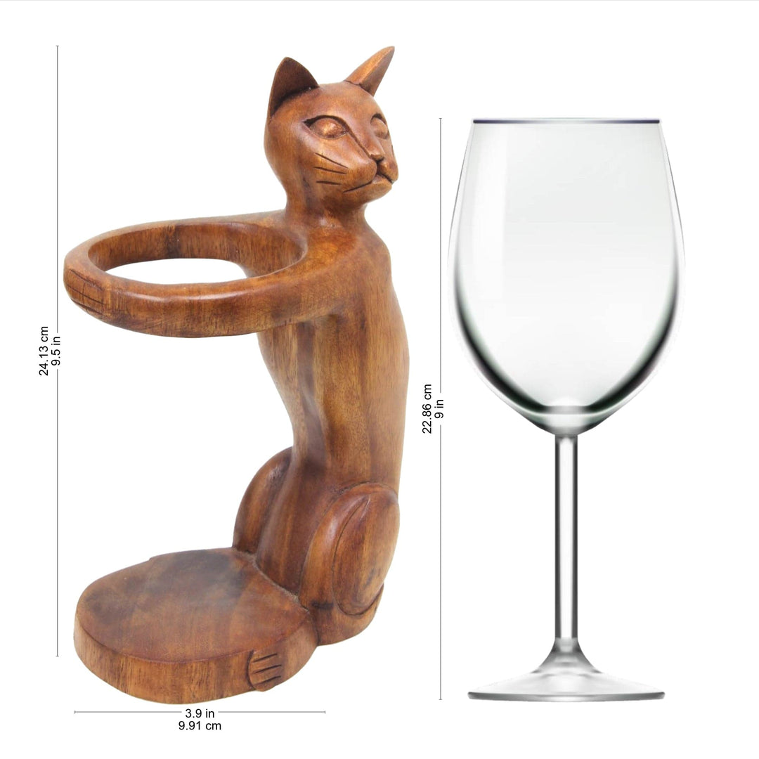 Hand Carved Wooden Cat Wine Bottle Holder - Wine-Loving Cat