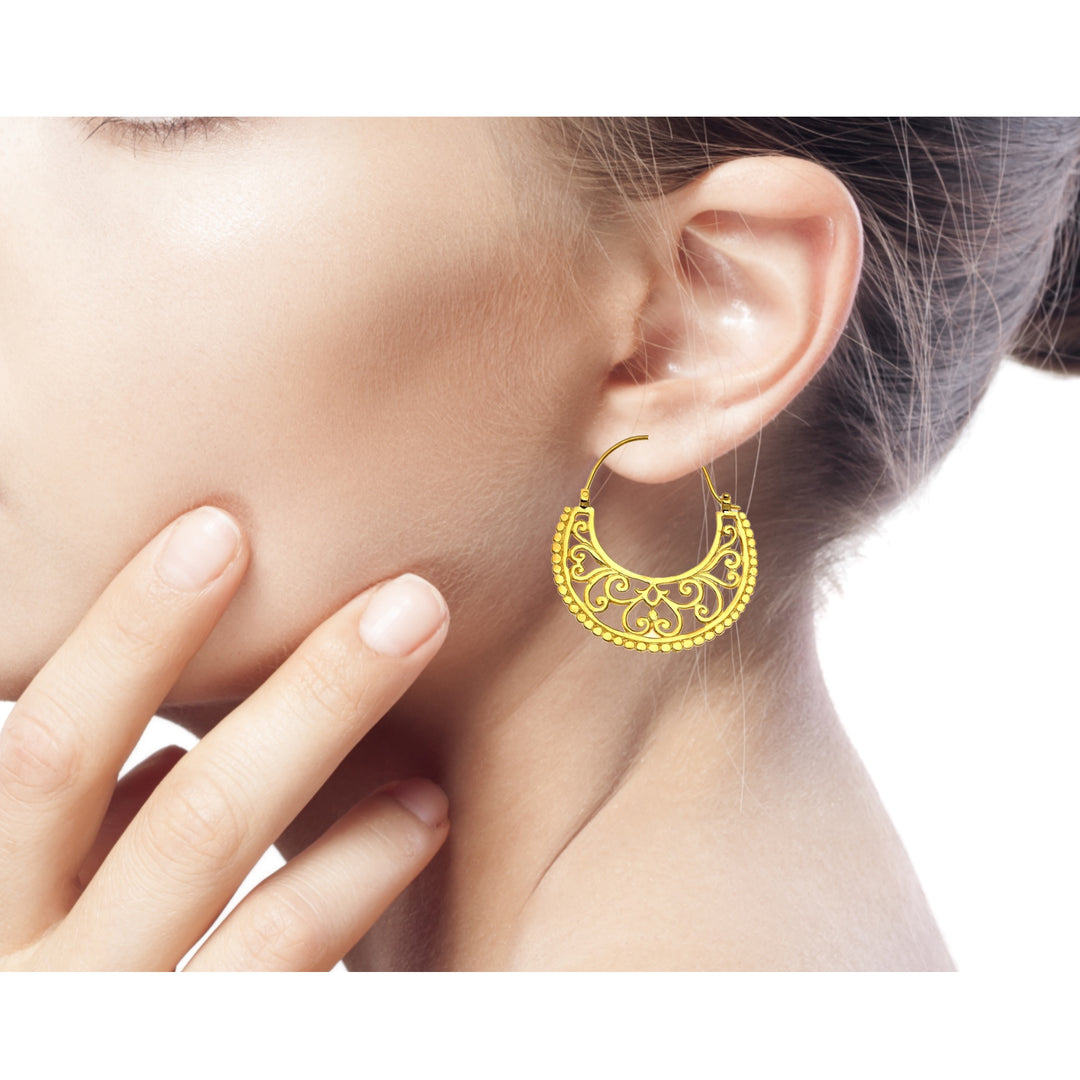 Unique Hoop Earrings in 22k Gold Vermeil from Bali - Moonlit Garden