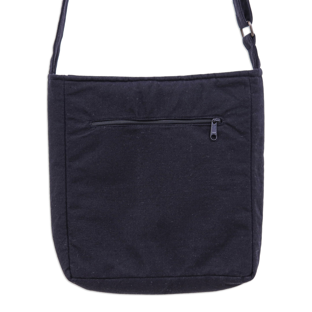Black Cotton Thai Applique Shoulder Bag with 3 Pockets - Black Siam