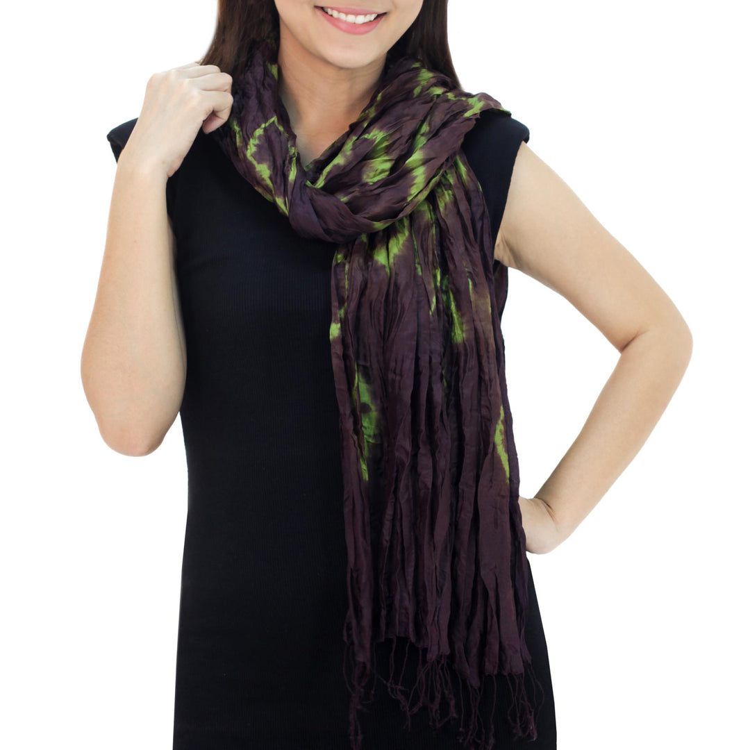 Green Purple Tie-dye Silk Scarf Crafted by Hand in Thailand - Aubergine Dance
