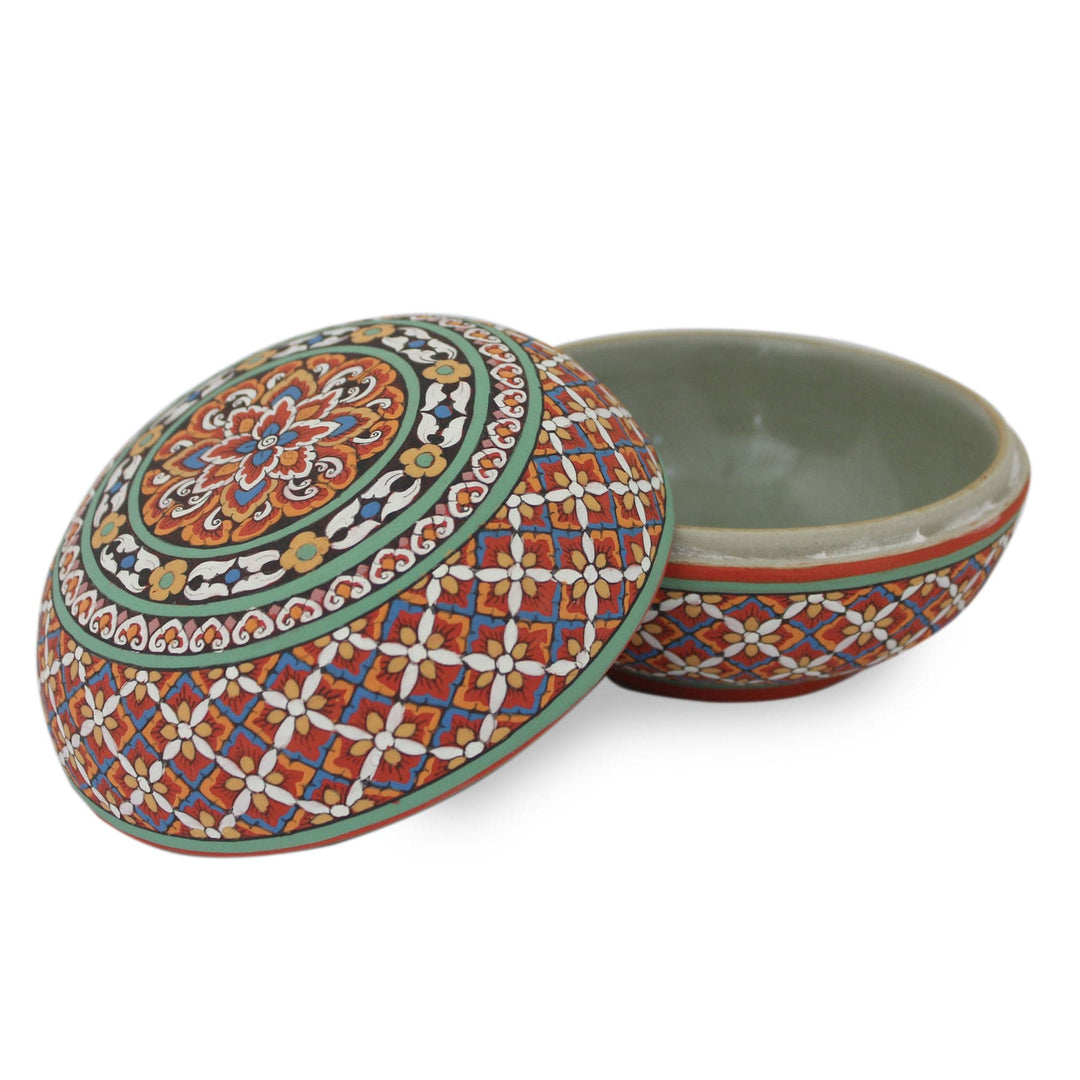 Colorful Artisan Hand-Painted Round Celadon Jewelry Box - Thai Enchantment
