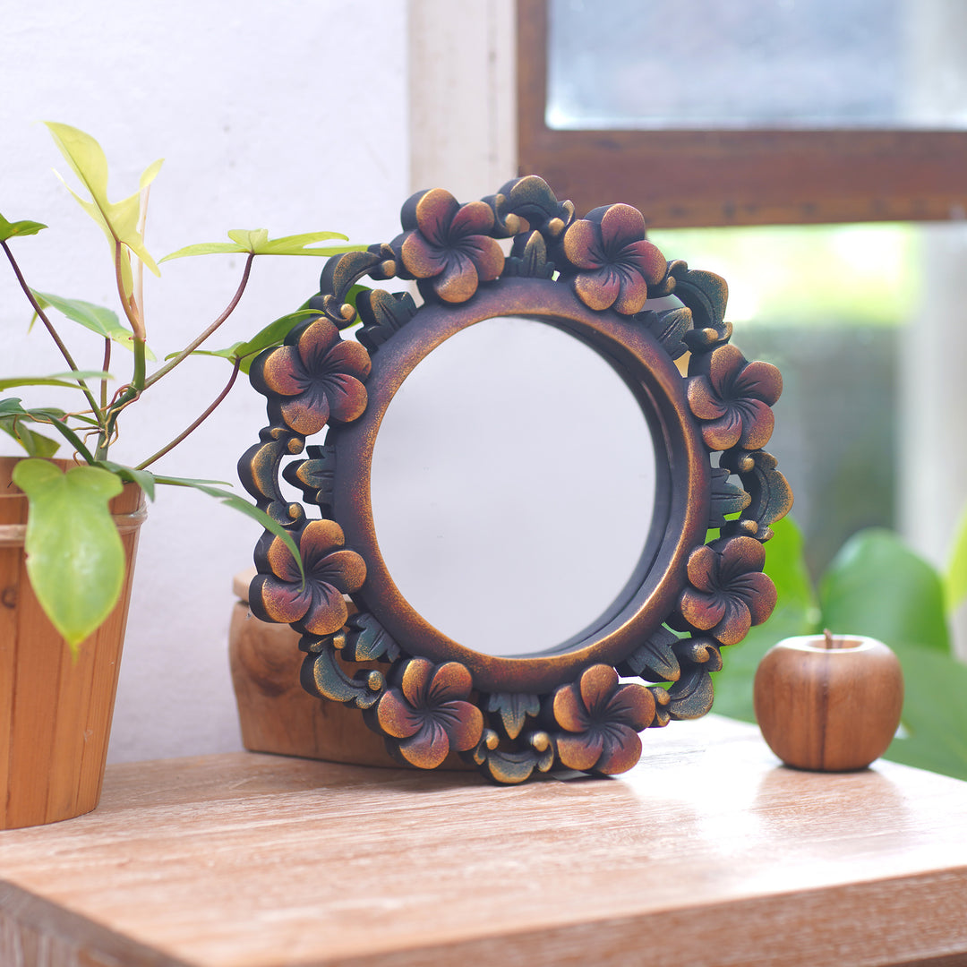 Round Floral Wall Mirror Hand Carved from Wood - Plumeria Garland