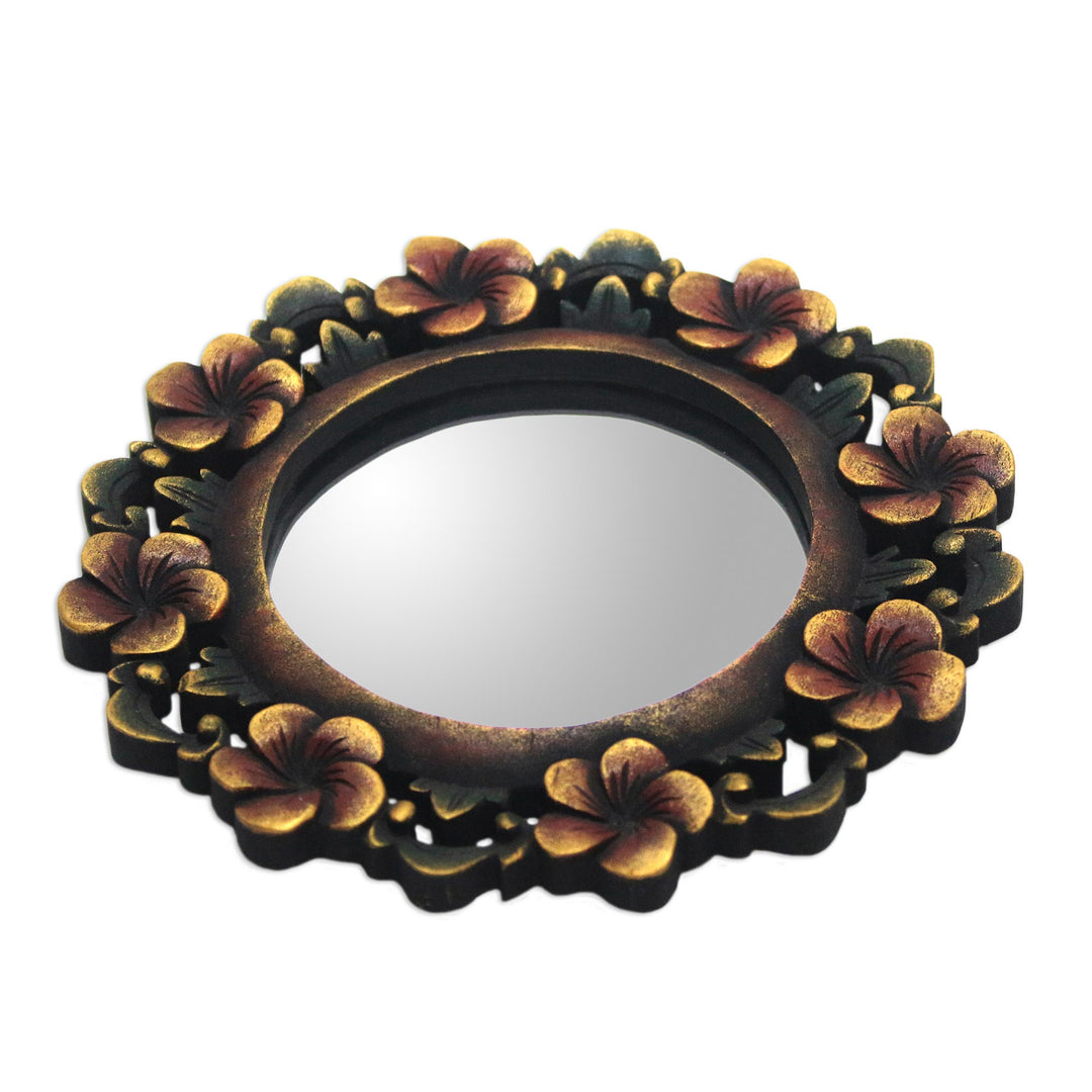 Round Floral Wall Mirror Hand Carved from Wood - Plumeria Garland