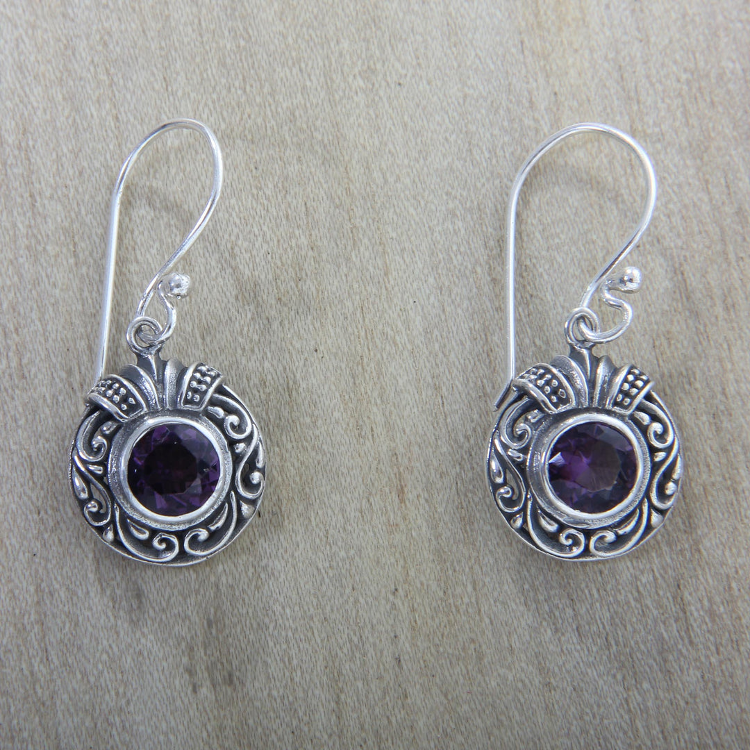 Round Silver and Amethyst Dangle Style Earrings - Lilac Ladybug