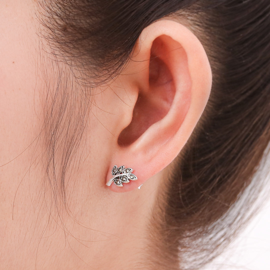 Leaf Stud Earrings Crafted of Sterling Silver and Marcasite - Petite Leaves