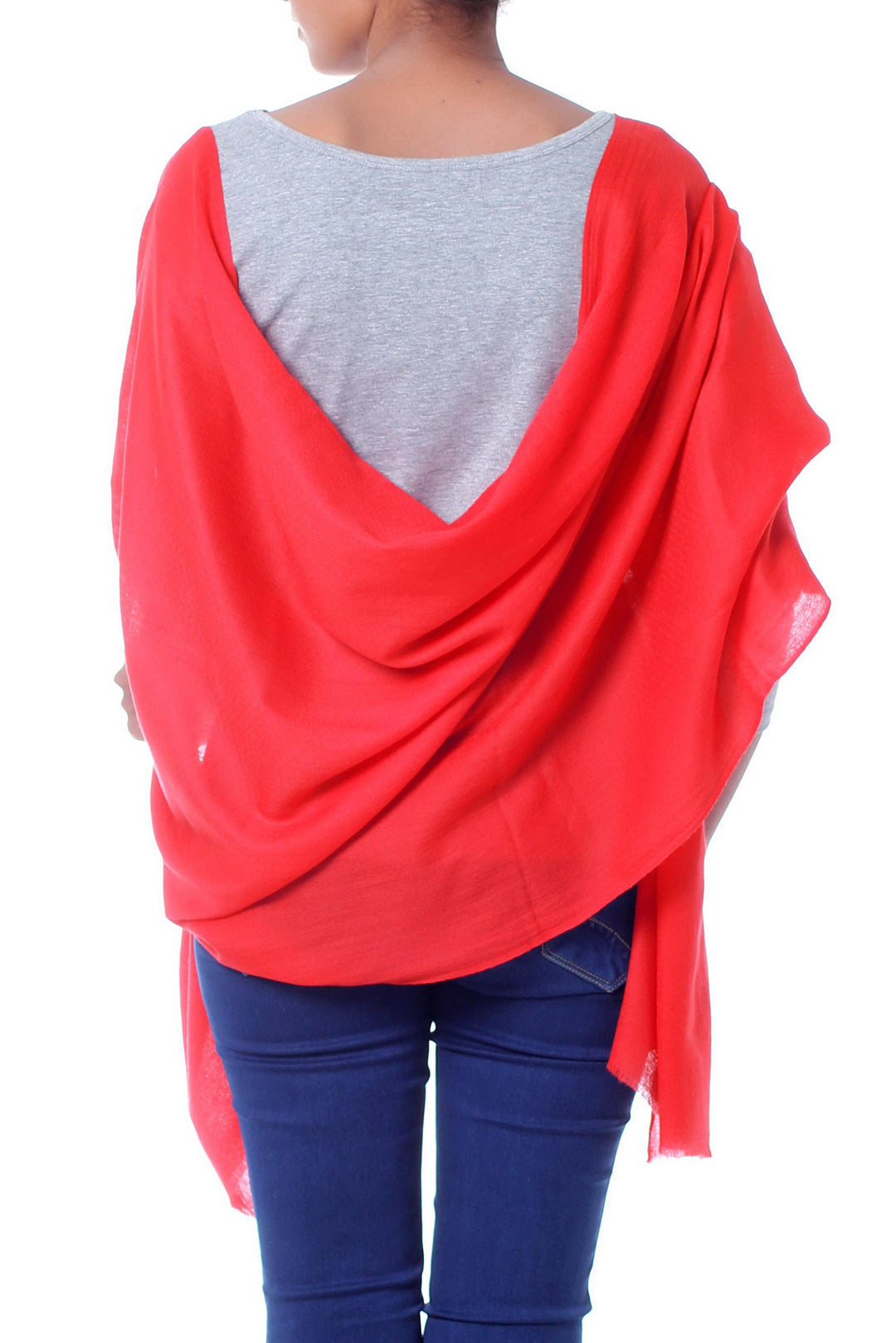 Women's True Red 100% Wool Shawl Handmade in India - Kashmiri Diamonds in Red